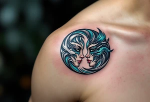 A dynamic Yin-Yang symbol formed by two mirrored faces, with swirling silver and teal accents, embodying balance and contrast. tattoo idea