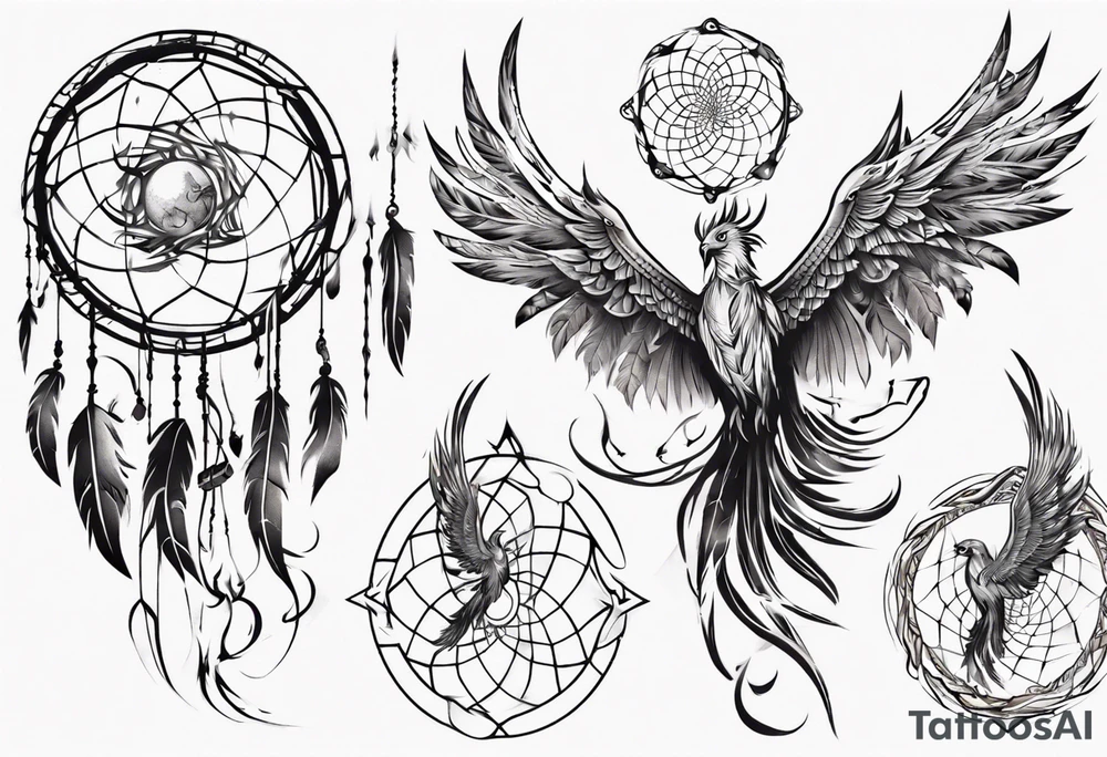 Fire Phoenix flying out of dream catcher tattoo idea