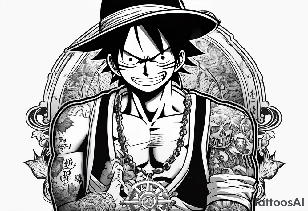 a tattoo from a fore hand from one piece anime of Luffy with the letters Wanted upside and dead or alive bellow tattoo idea