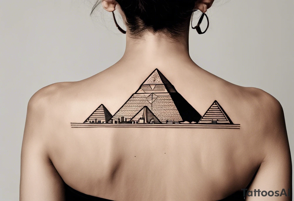 "Design a minimalist yet meaningful tattoo featuring a subtle fusion of the Pyramids of Giza and the Manhattan skyline. Opt for clean lines and essential elements, such as the silhouettes of the pyramids integrated with key skyscrapers. Consider a monochromatic color scheme to maintain simplicity, and choose a compact size for an understated yet impactful representation of your Egyptian and New York connections tattoo idea