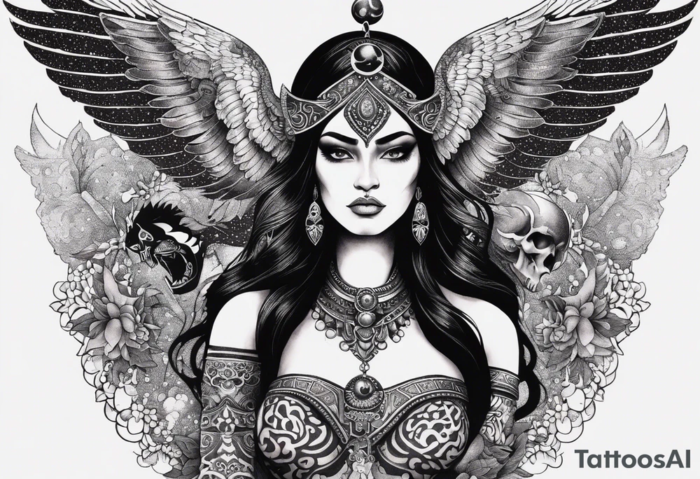 black kali, goddess pirate, alien, angel, pachamama, valkrye, warrior, flying, skull, lotus azul, wing, eagle, zenza resonance, stars, 5D, anahata chakra, death, durga, riding on a tiger, flying lady, chest tatoo tattoo idea