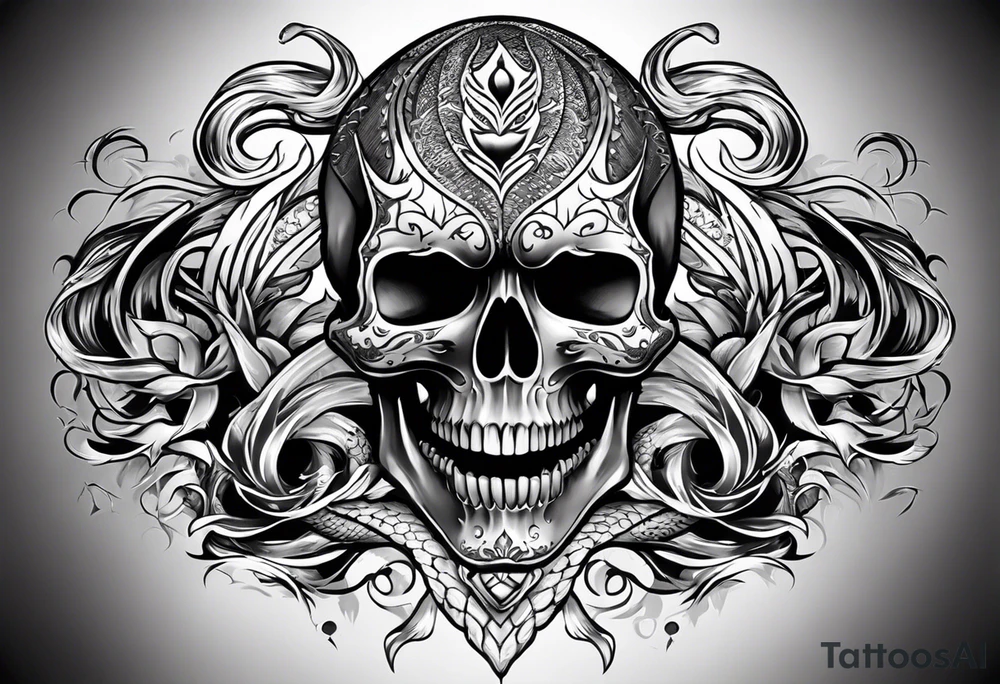 Skull with burning flames in mouth and snake through its eyes tattoo idea