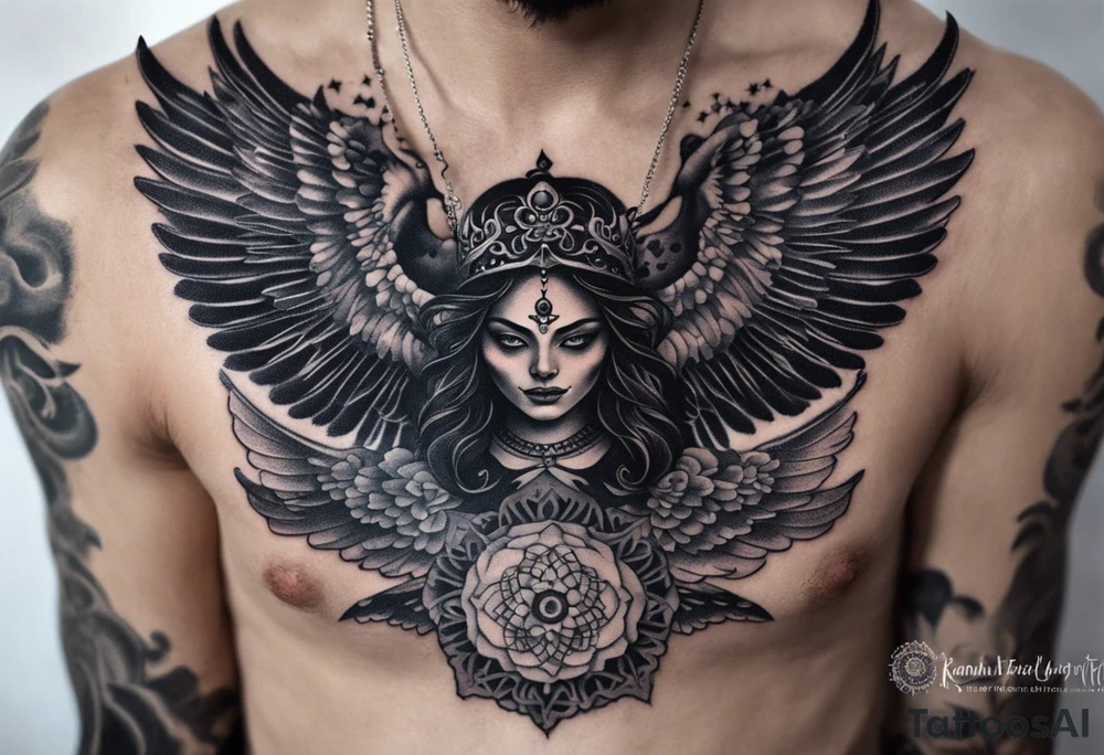 black kali, goddess pirate, alien, angel, pachamama, valkrye, warrior, flying, skull, lotus azul, wing, eagle, zenza resonance, stars, 5D, anahata chakra, death, durga, riding on a tiger, flying lady, kundalini, chest tatoo, rebel tattoo idea