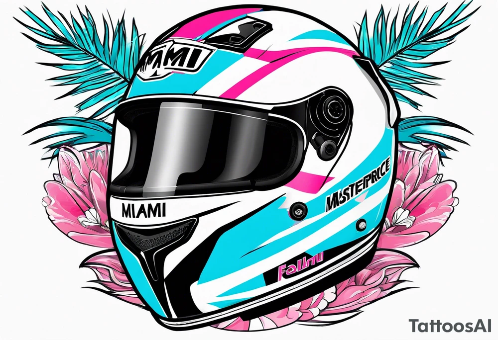 Formula 1 helment with the Miami name a palm tree and light blue black and pink colors tattoo idea