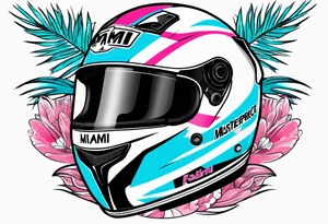Formula 1 helment with the Miami name a palm tree and light blue black and pink colors tattoo idea