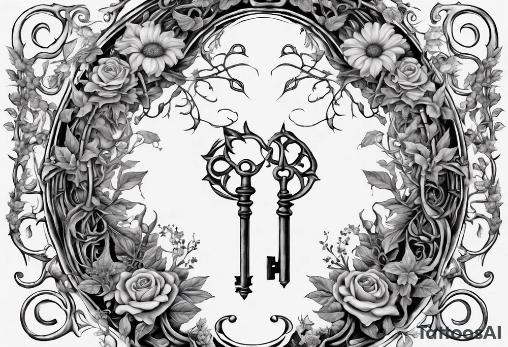 an intricate keyhole surrounded by elements like vines, flowers, and celestial symbols. Inside the keyhole, incorporate personal symbols or imagery that hold significance to the individual. This design allows for personalization and depth, making it a unique and meaningful tattoo. tattoo idea