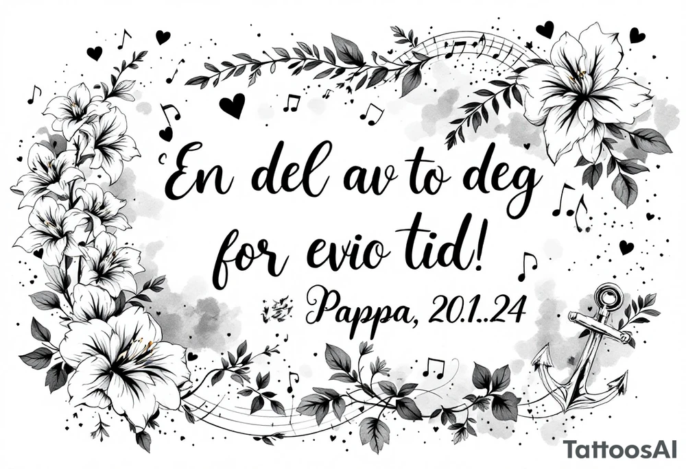 make a quote that says "En del av deg for evig tid! Pappa, 20.12.24" Surrounded by gladiolus, music notes, hearts and an anchor tattoo idea