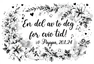 make a quote that says "En del av deg for evig tid! Pappa, 20.12.24" Surrounded by gladiolus, music notes, hearts and an anchor tattoo idea
