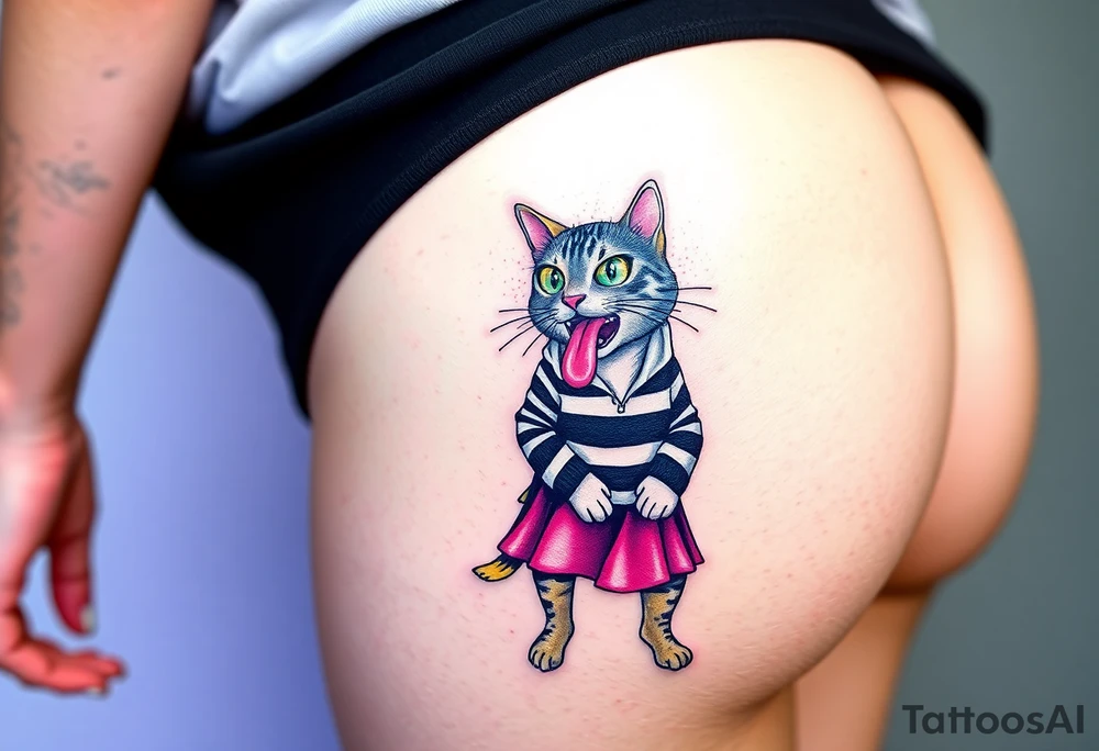 Design a tattoo of a high-quality full color illustration in a surrealism style. The main element should be a cat wearing a straightjacket sitting upright on its butt  wearing  a  skirt that is knee length and displaying a wild, crazy expression on its face.  , bulging eyes and tongue hanging ouy one side og its mouth ,very detailed, very colorful and  vivid , highest quality tattoo . it  is placed on the buttock  of a young woman with a perfectly shaped firm butt, tattoo idea