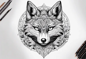 kitsune japonesa em forma de raposa com sua máscara e as fases da lua, corpo inteiro da raposa tattoo idea