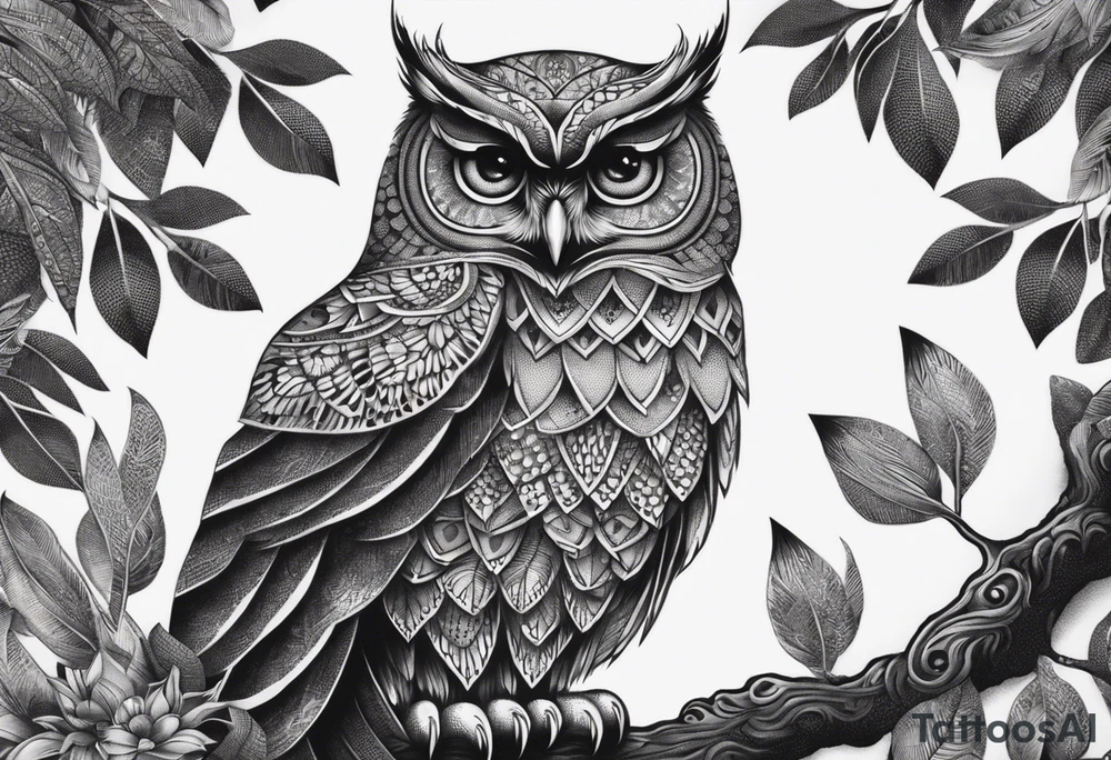“A wise owl perched on a branch, with large, expressive eyes and intricate feather patterns, representing wisdom tattoo idea