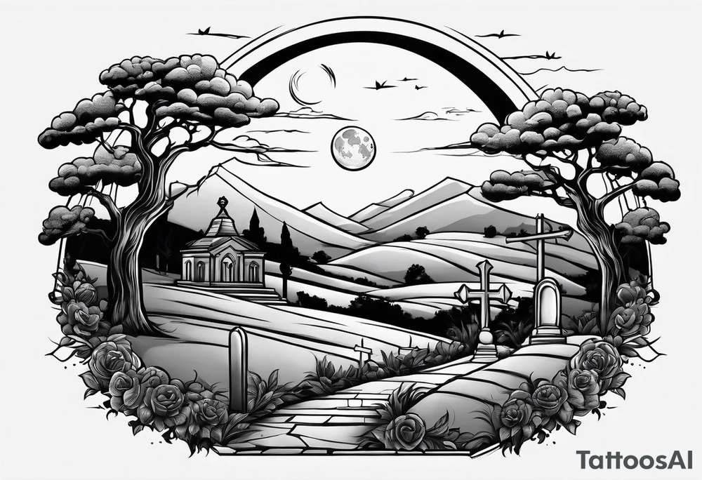 Cemetery on hills with clouds and moon tattoo idea