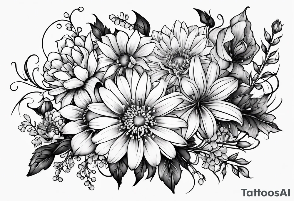 Asters, roses, lily of the valley, and chrysanthemums in a long line tattoo idea