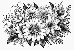 Asters, roses, lily of the valley, and chrysanthemums in a long line tattoo idea