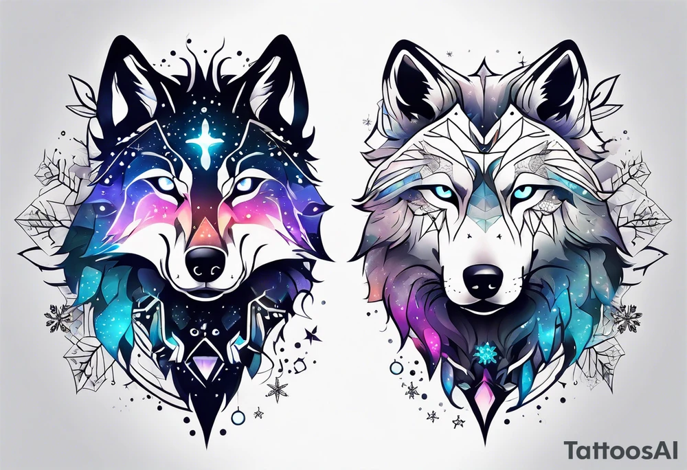 Constellation, two animal alien wolf, snowflake tattoo idea