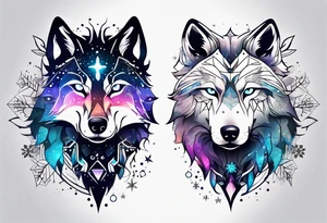 Constellation, two animal alien wolf, snowflake tattoo idea