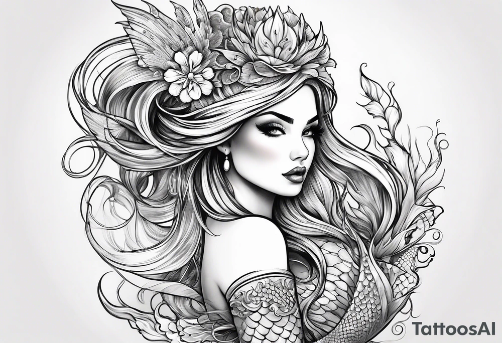 magical mermaid with long fan tail tattoo idea