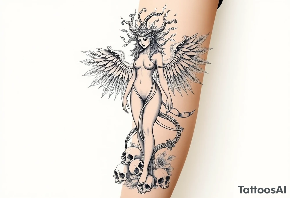 Ethereal Medusa standing.She has snakes for hair phoenix wings. She is beautiful and feminine. Surrounded by flowers and standing with skulls at her feet. Symbolic of resilience, transformation and inner strength. tattoo idea