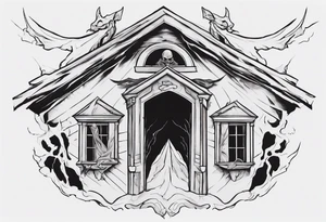 A black, shapless, faceless demonic shadow lifting the roof, peering out into the surroundings with an ominous presence." tattoo idea
