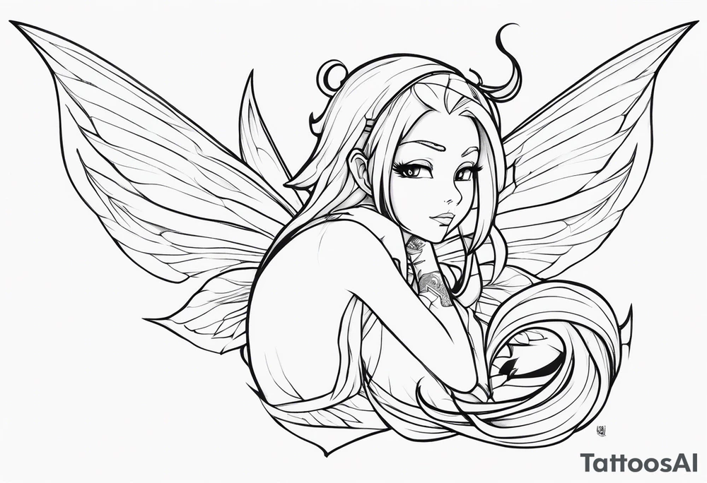 No color fairy with a tail inspired by the anime show called Fairy Tail in a fetal position leaning in and forward while crawled in tattoo idea