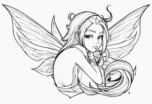 No color fairy with a tail inspired by the anime show called Fairy Tail in a fetal position leaning in and forward while crawled in tattoo idea