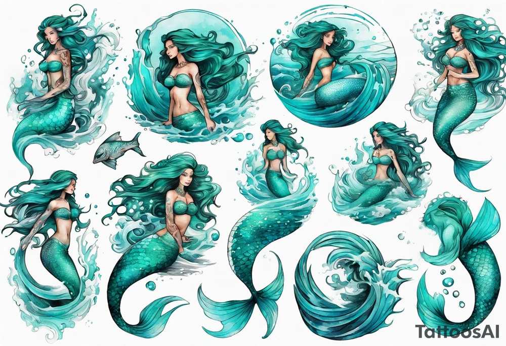a large turquoise mermaid swimming in the sea surrounded by crashing waves tattoo idea
