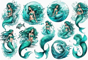 a large turquoise mermaid swimming in the sea surrounded by crashing waves tattoo idea
