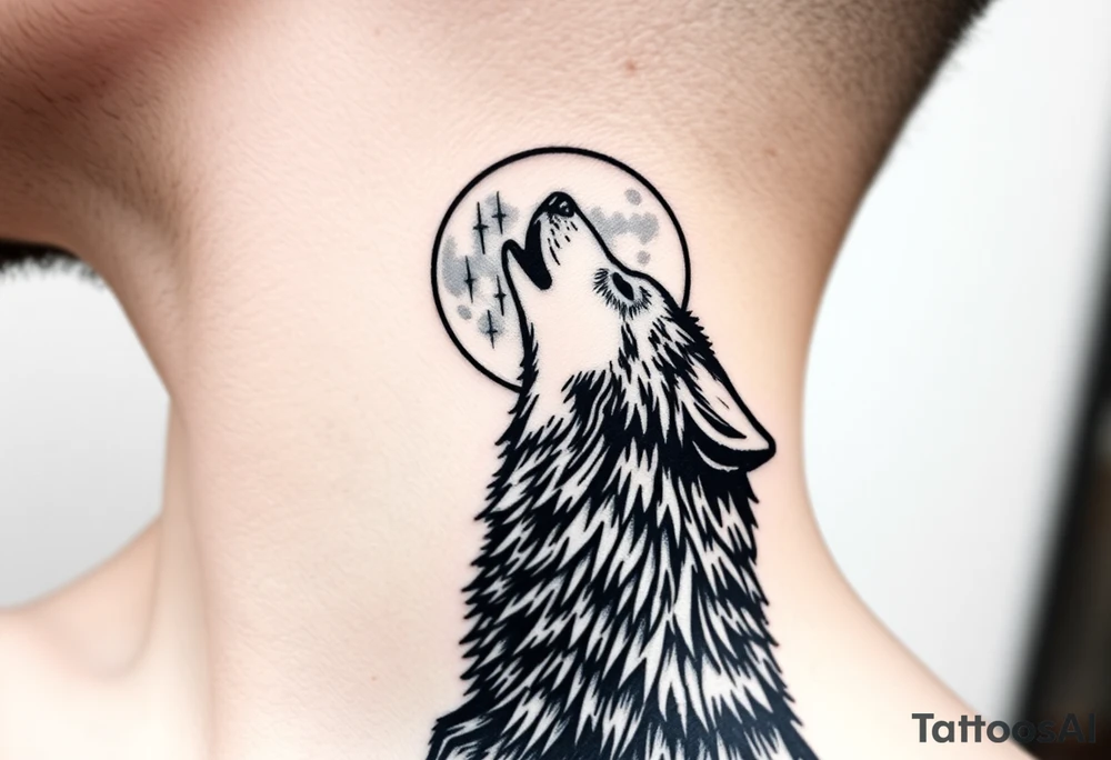 lone wolf howling at full moon with northern lights backdrop tattoo idea