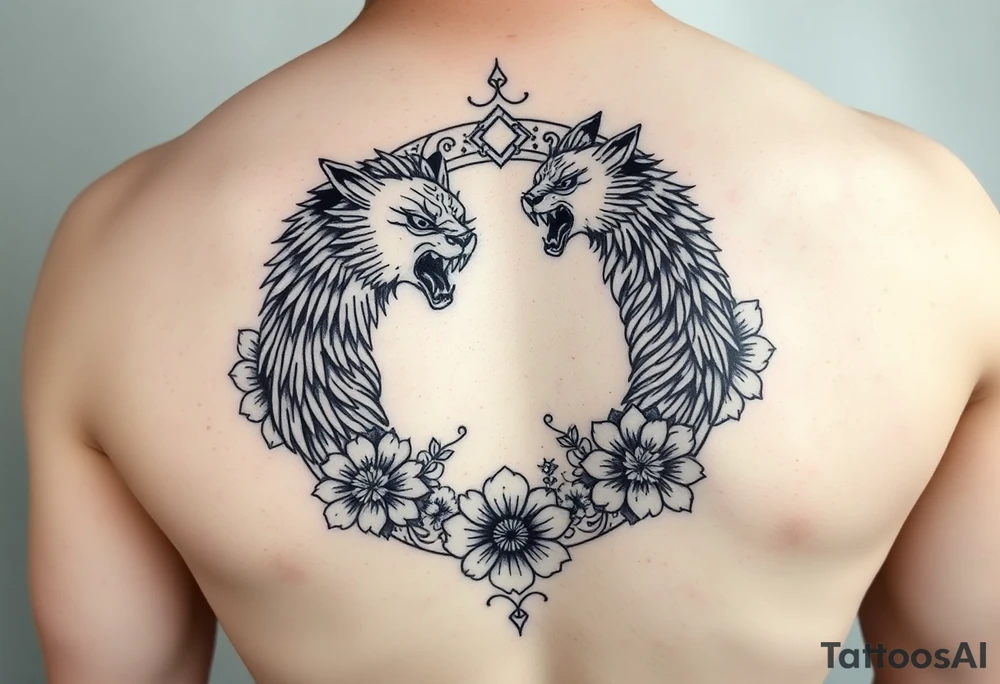 sleeve tattoo, black and white, lion and nine-tailed fox irezumi style circling each other with asian floral designs surrounding them tattoo idea