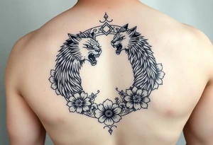 sleeve tattoo, black and white, lion and nine-tailed fox irezumi style circling each other with asian floral designs surrounding them tattoo idea