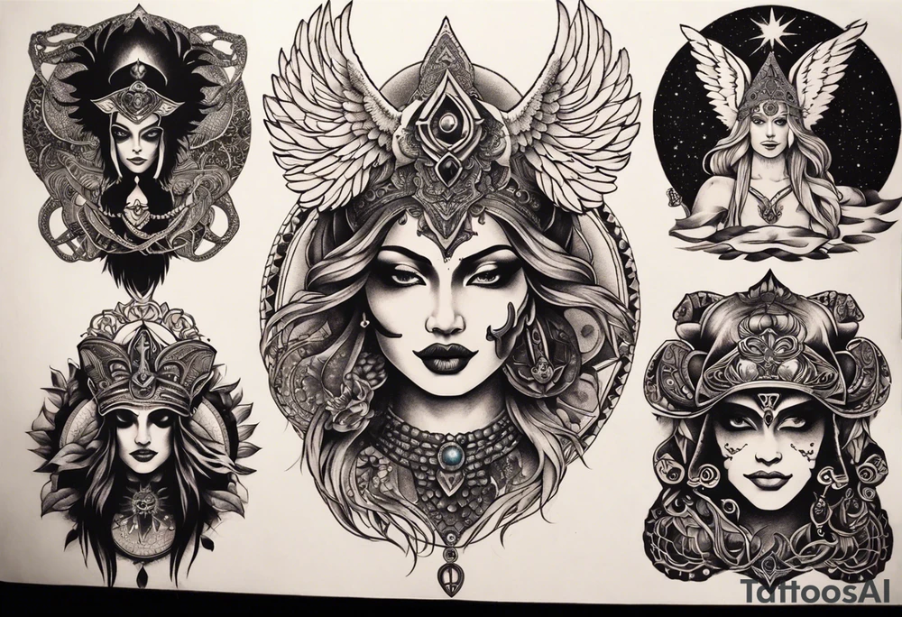 black kali, goddess pirate, alien, angel, pachamama, valkrye, warrior, flying, skull, lotus azul, wing, eagle, zenza resonance, stars, 5D, anahata chakra, death, durga, riding on a tiger, flying lady, kundalini, chest tatoo tattoo idea