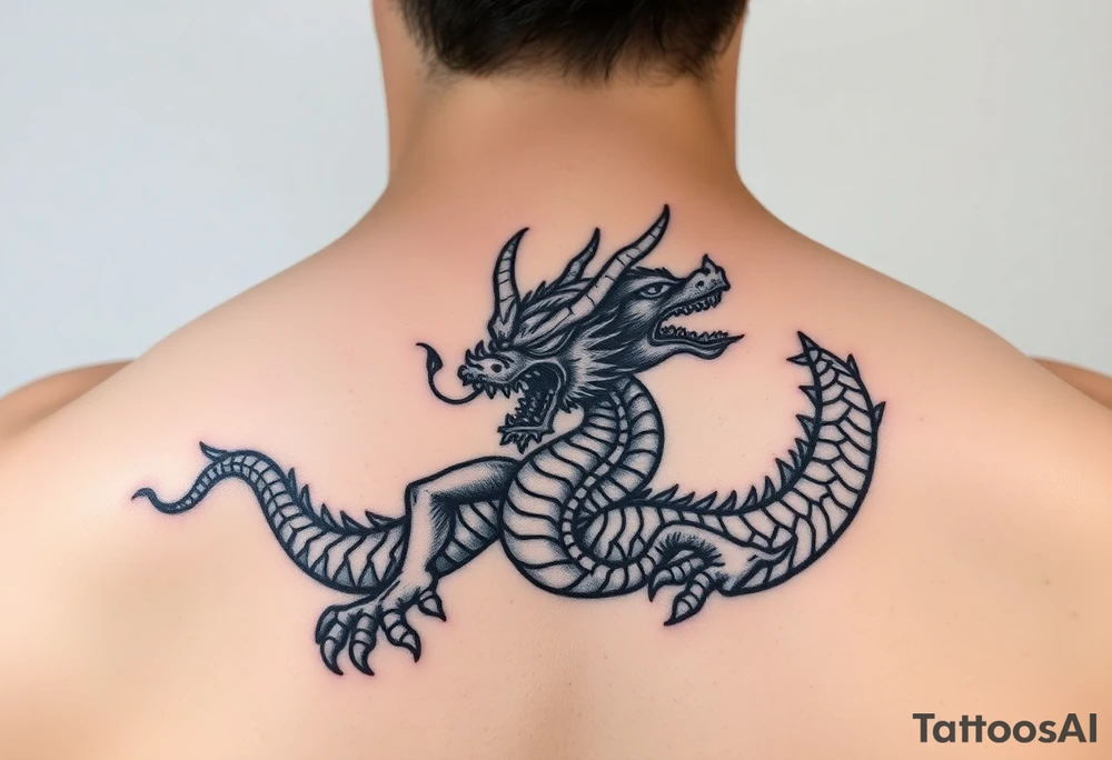 Tatuaje en espalda completa solo de la cabeza de un dragón demonio japones sin cuerpo tattoo idea