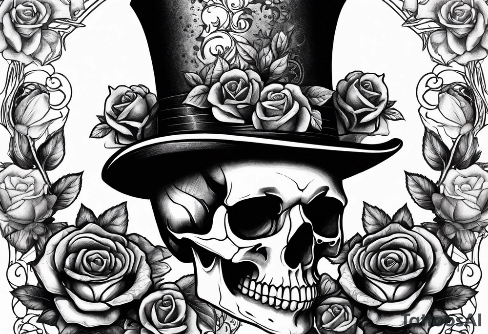 Gothic skull in top hat wrapped in roses tattoo idea