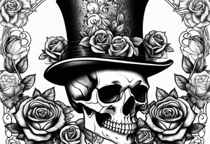 Gothic skull in top hat wrapped in roses tattoo idea