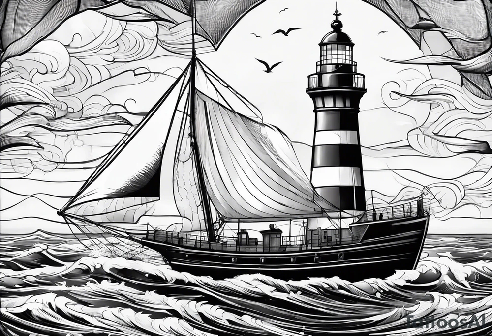 phare maritime dans un bateau a voiles. tattoo idea
