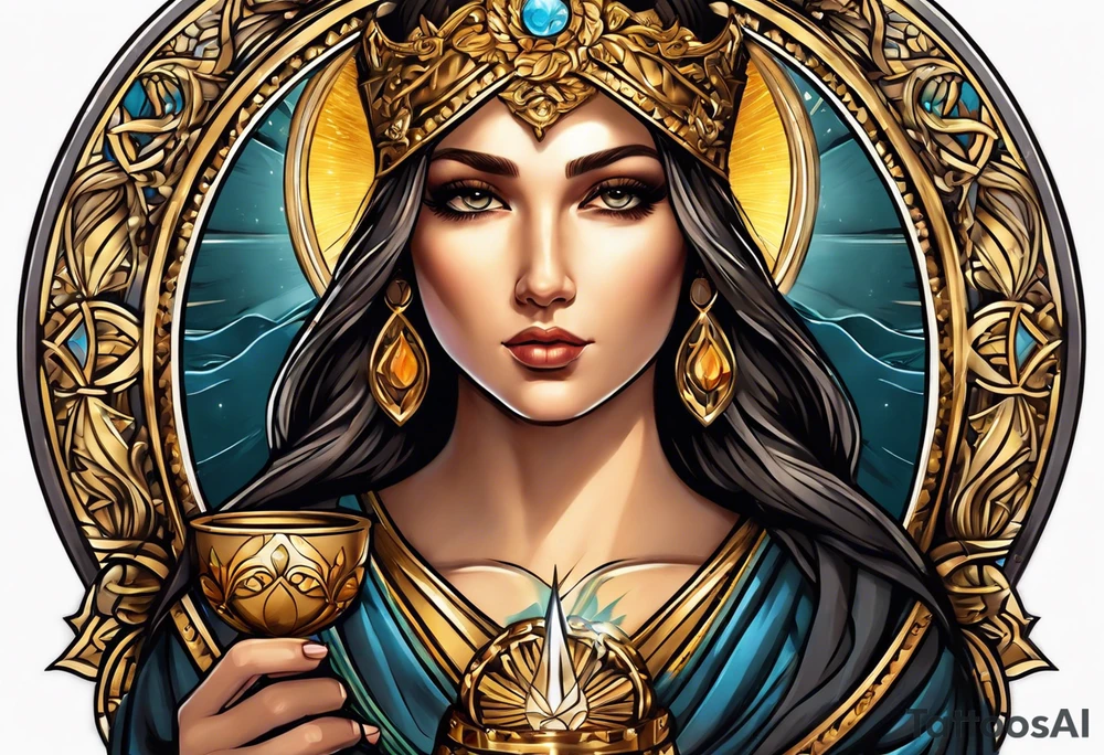 woman saint holding chalice surrounded by golden halo portrait tattoo idea