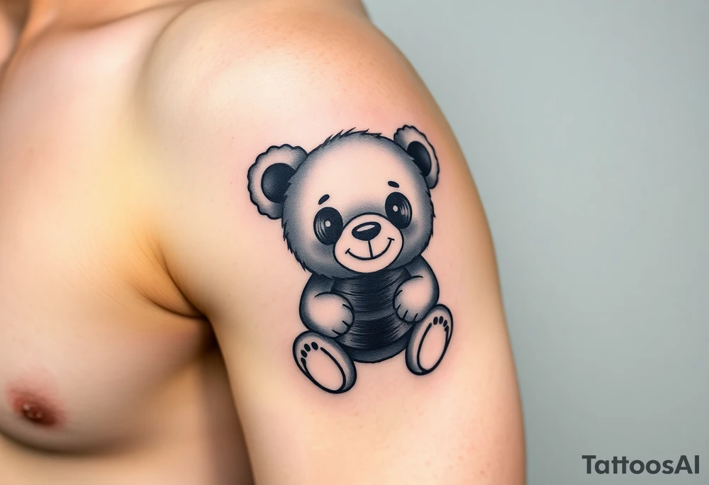 minimalist teddy bear with vinyl records as eyes smiling and sitting on a record tattoo idea