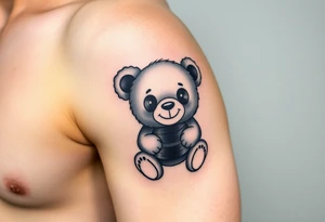 minimalist teddy bear with vinyl records as eyes smiling and sitting on a record tattoo idea