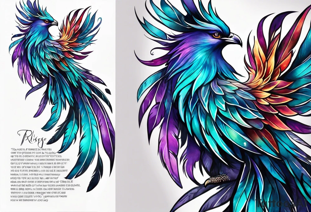 Phoenix on hip down into thigh with feathers that have teal purple and blue with quote "from the Ashes I rise" long tail featgers tattoo idea
