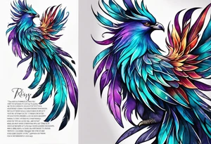 Phoenix on hip down into thigh with feathers that have teal purple and blue with quote "from the Ashes I rise" long tail featgers tattoo idea