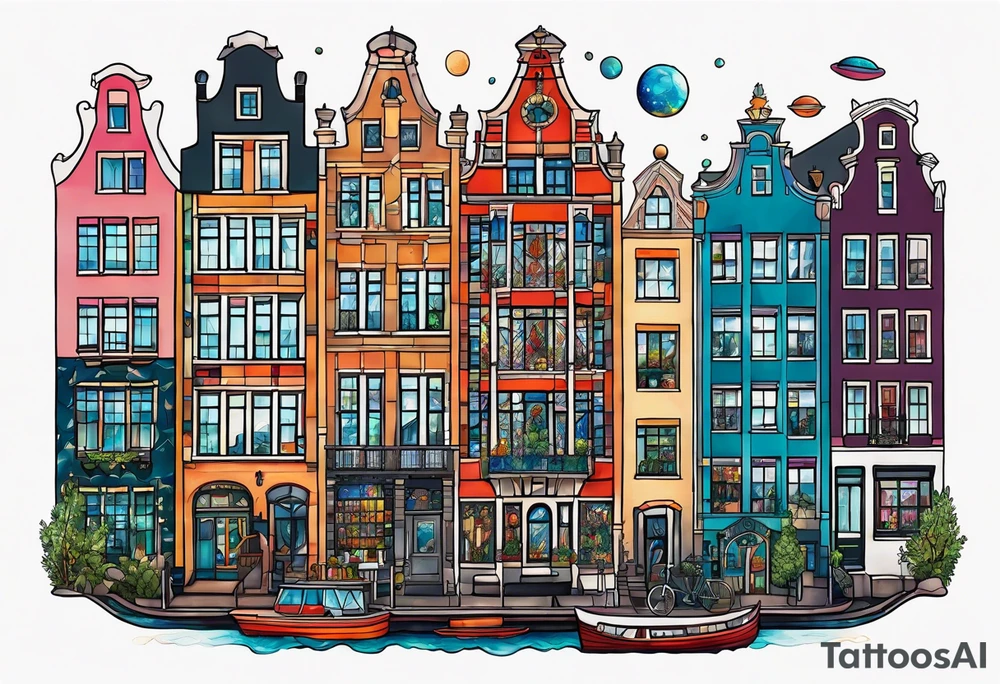 Tattoo of glass animals in Amsterdam buildings and canal featuring glass and colours of galaxy and universe colours tattoo idea