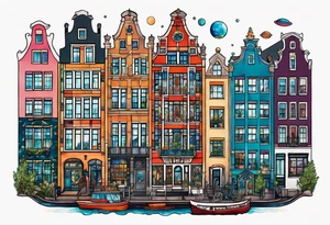 Tattoo of glass animals in Amsterdam buildings and canal featuring glass and colours of galaxy and universe colours tattoo idea