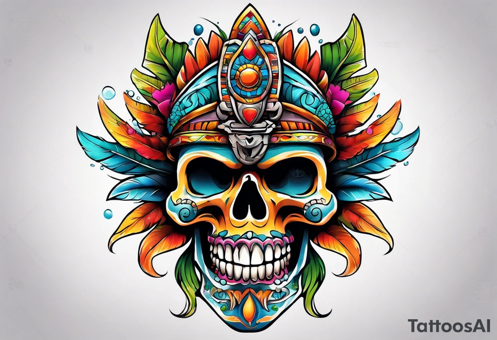 Colorful Mayan scull with water coming out of open mouth tattoo idea