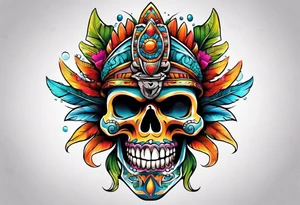 Colorful Mayan scull with water coming out of open mouth tattoo idea