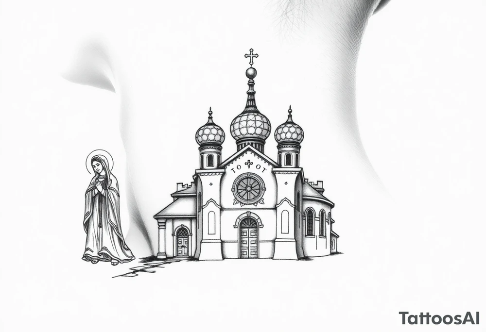 medium sized Russian orthodox church with bulb domes with a prominent russian orthodox style virgin mary stood outside to the left tattoo idea