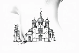 medium sized Russian orthodox church with bulb domes with a prominent russian orthodox style virgin mary stood outside to the left tattoo idea