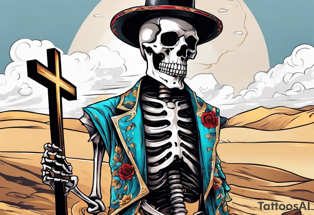 skeleton walking with a cross in a dessert tattoo idea