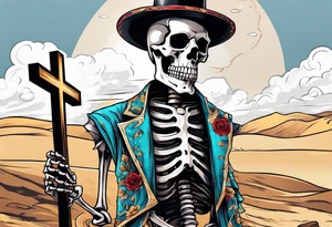 skeleton walking with a cross in a dessert tattoo idea