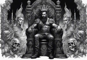 A man wearing a black crown sitting on a throne and a women standing next to him in Hell sitting on skulls with flame above tattoo idea