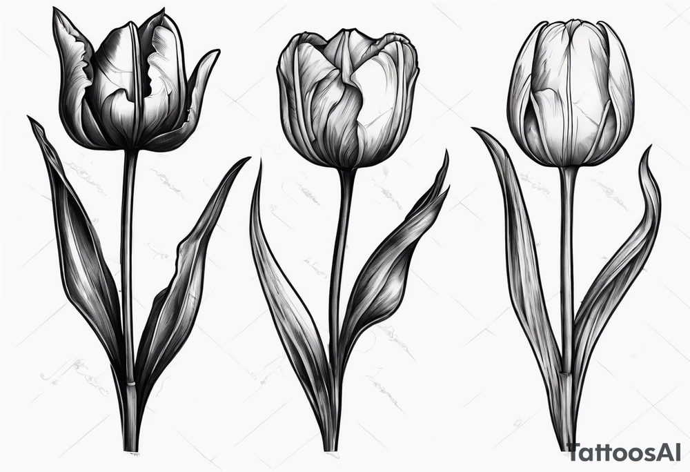bunch of three tulips, one tulip with decay, one perfect tulip and one closed tulip, stem reflecting symbol of russian orthodox cross tattoo idea